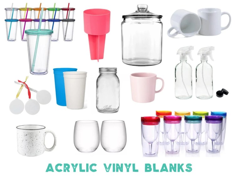Image of the best blanks to use for Cricut projects using Acrylic Vinyl that includes coffee mugs, tumblers, glass jars, spray bottles and more