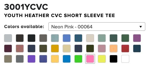 Bella Canvas Colors for Heather Youth Tee