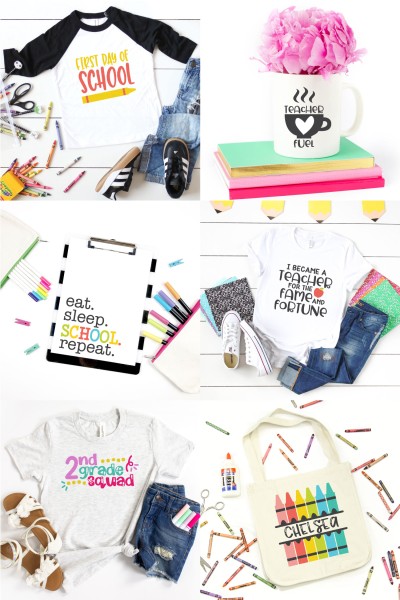 Images of SVG designs pictured on t-shirts, coffee mug and a clip board featuring a school theme.