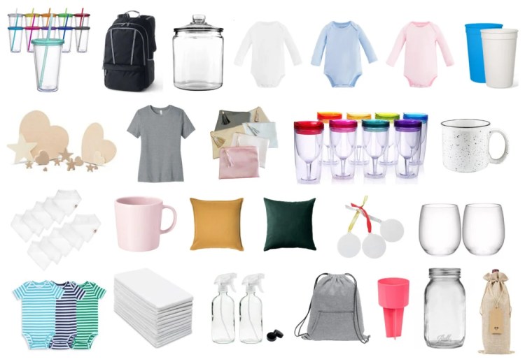 Image of the best blanks to use for Cricut projects that includes onesies, tumblers, pillows, backpacks, coffee cups, wooden cutouts and more