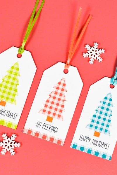 Paper cut snowflakes and three Christmas gift tags decorated with sayings and buffalo plaid Christmas trees