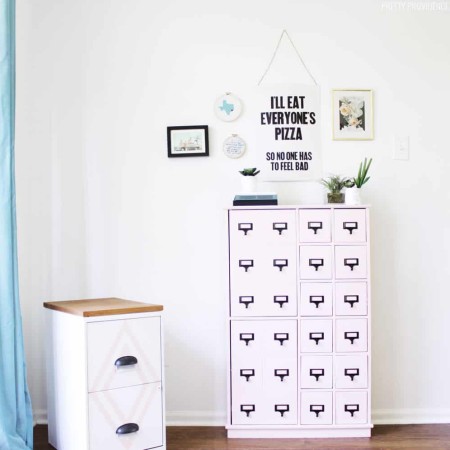 A pink card catalog for storing crafting supplies