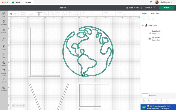 Cricut Design Space: Love Earth image on Canvas, resized to fit garment.