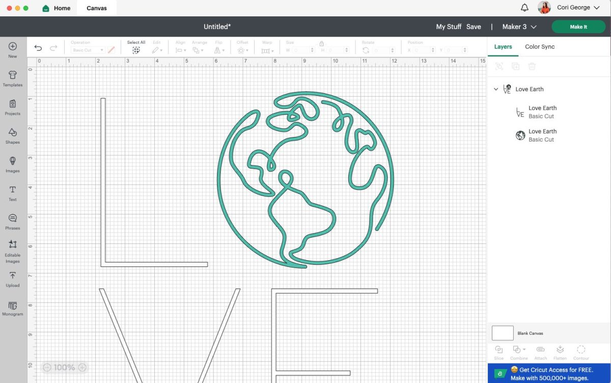 Cricut Design Space: Love Earth image on Canvas, resized to fit garment.