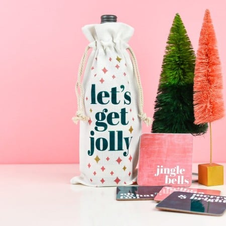 Final wine gifts with "Let's Get Jolly" wine bag and wine coasters.
