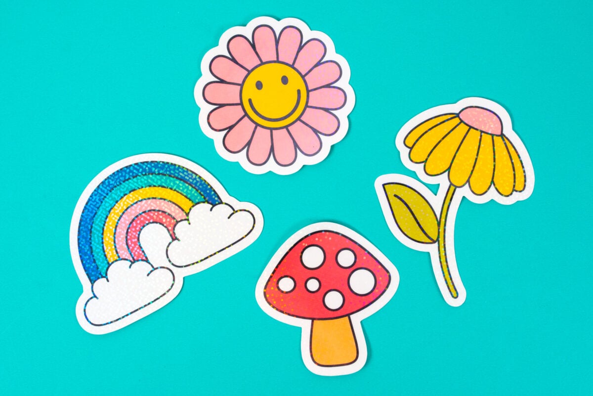 Final die cut stickers on teal background