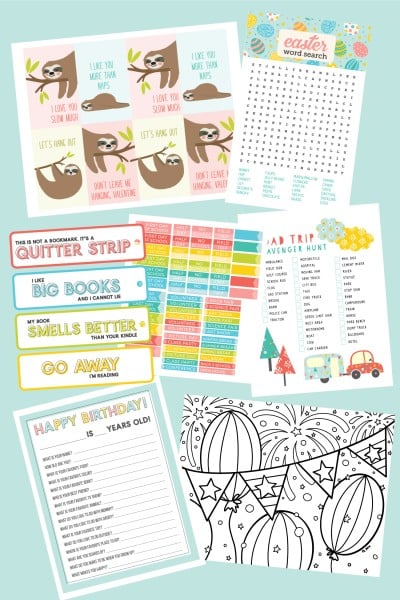 Images of printables of Word Searches, stickers, coloring books and labels