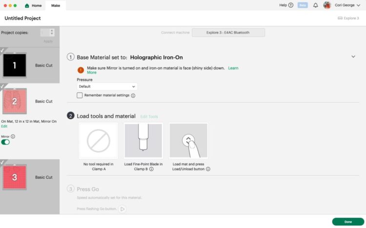 Cricut Design Space: Make screen showing Holographic Iron On as material selection