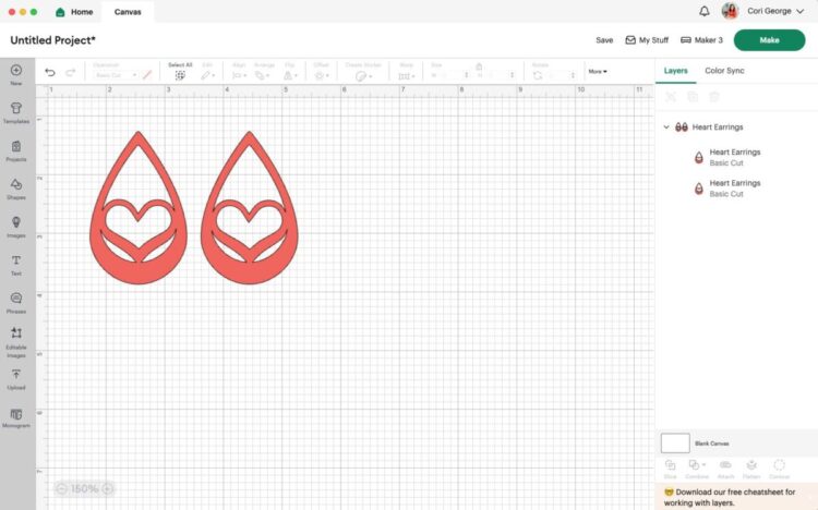 Design Space - Heart Earrings uploaded to Canvas