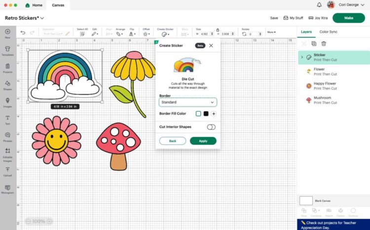 Design Space: Create Sticker dropdown