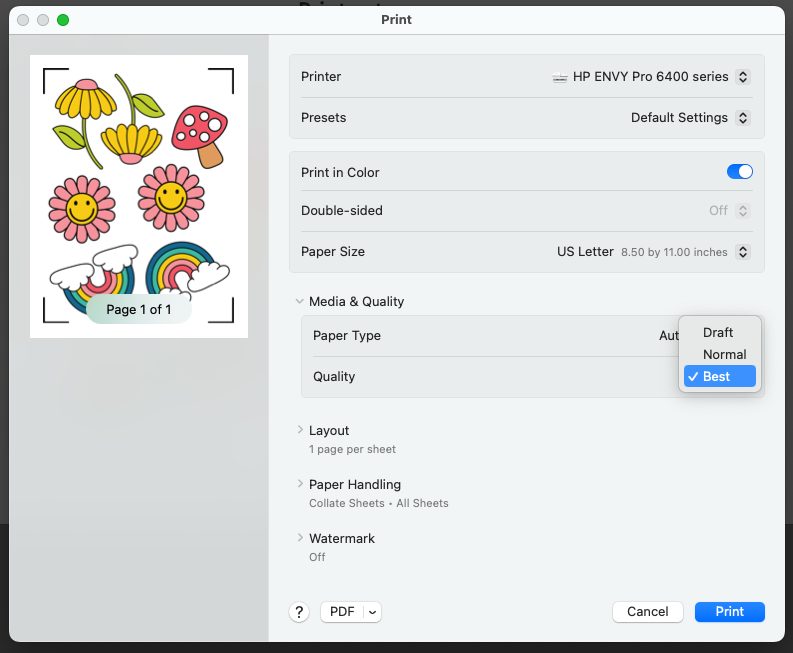 Mac print settings showing how to choose the best setting.