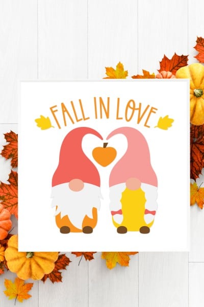 Picture of two gnomes, leaves and the saying Fall In Love