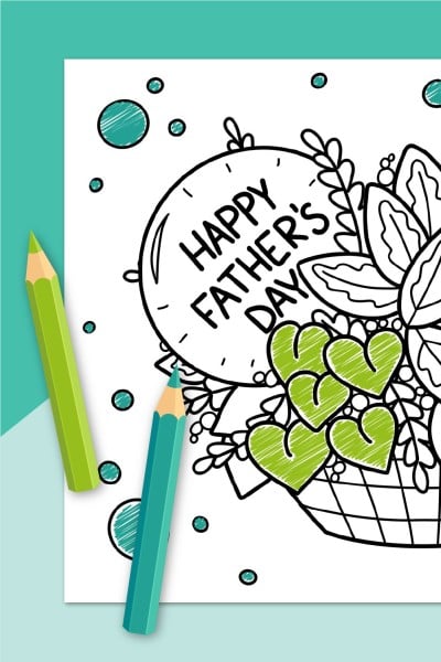 Father's Day Coloring Page on teal background with colored pencils