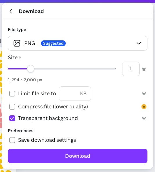 Screenshot: download settings in Canva