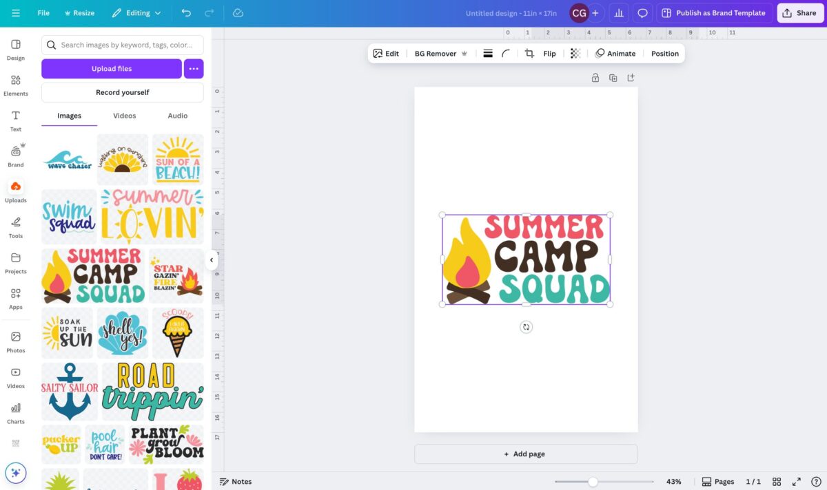 Screenshot: Showing Summer Camp Squad image added to canvas