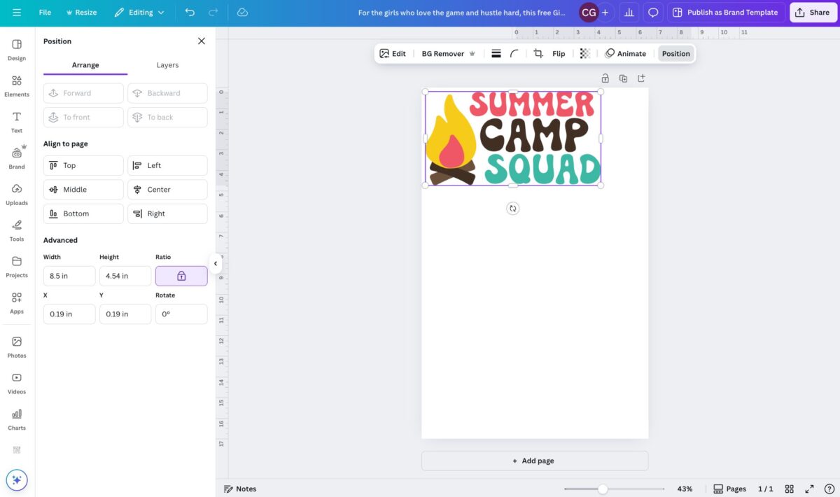 Screenshot: Showing Summer Camp Squad image moved to the top left corner of the canvas