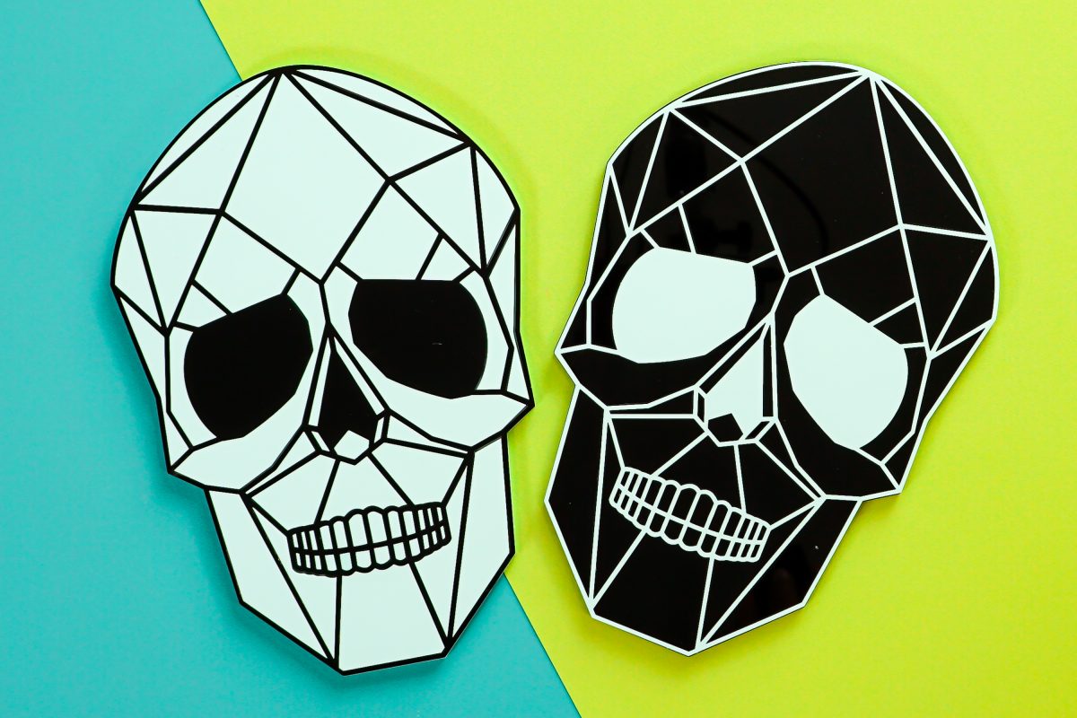 Two skulls on teal and green background