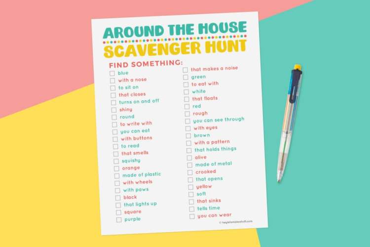 Printable "Around the House" scavenger hunt on a multi-colored background.