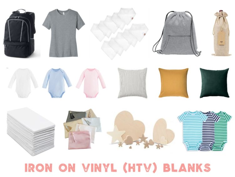 Image of the best blanks to use for Cricut projects using Iron On Vinyl (HTV) that includes t-shirts, onesies, pillows, backpacks, wooden cutouts and more