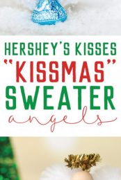 Red and blue wrapped Hershey's kisses decorated to look like angels using a wooden bead and white and gold chenille stems with advertising for Hershey's Kisses Kissmas Sweater Angels by HEYLETSMAKESTUFF.COM
