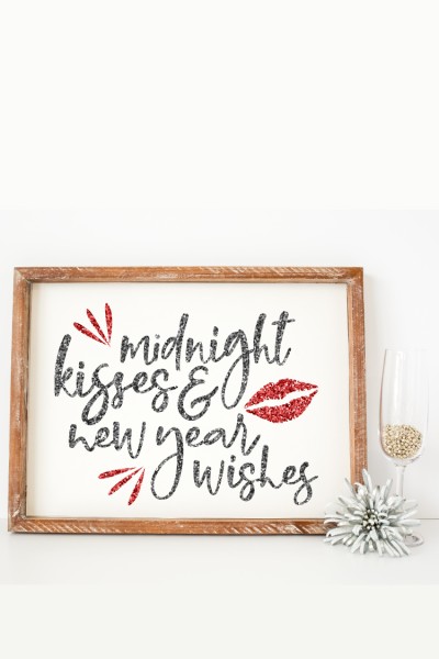 "Midnight Kisses & New Year Wishes" design in a wooden frame