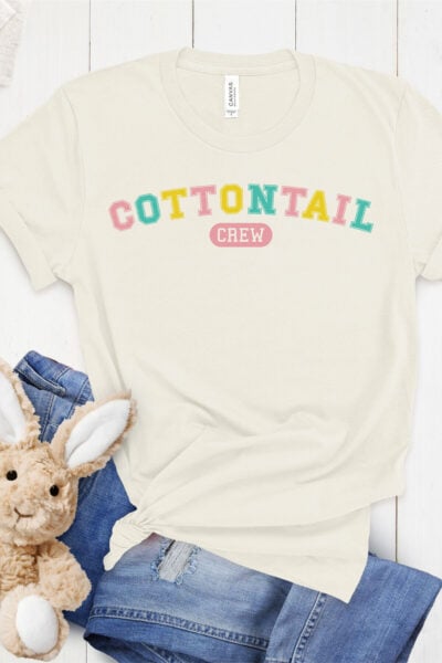 Cottontail Crew SVG on tee with easter decor