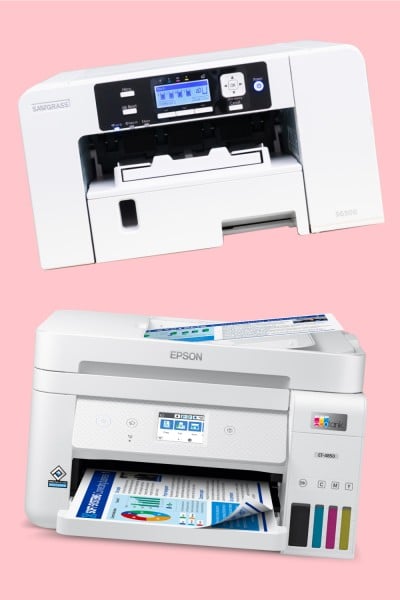 Sawgrass and Epson EcoTank printers on a pink background