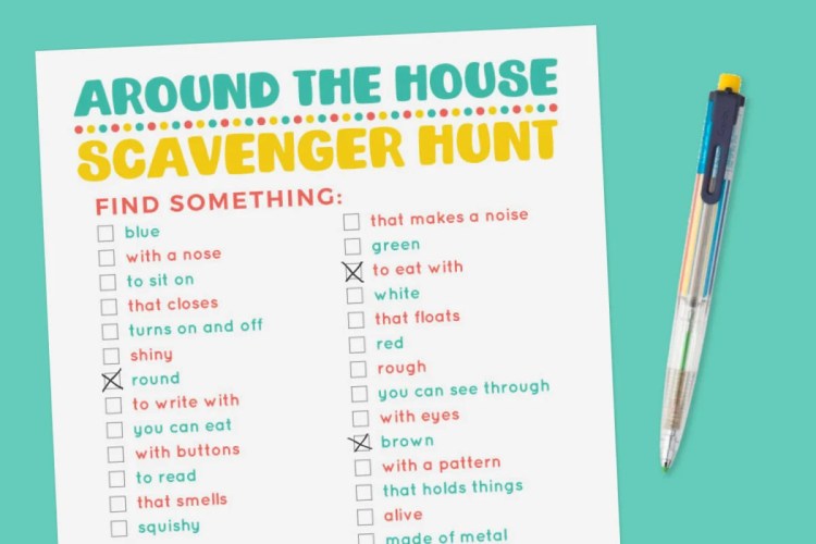 Printable "Around the House" scavenger hunt on a blue background with pen.