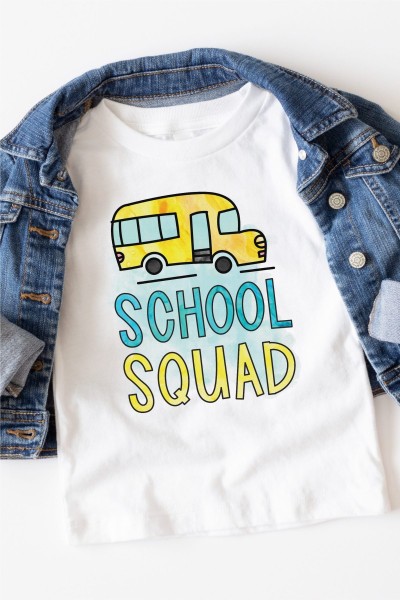 White t-shirt with a image of a school bus on it and the words School Squad