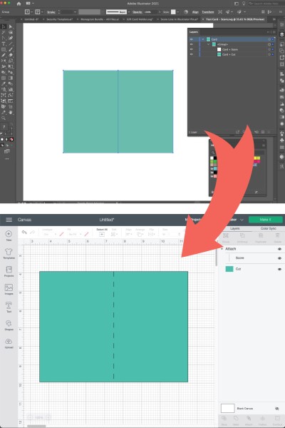 Screenshots of Illustrator and Design Space showing scored image