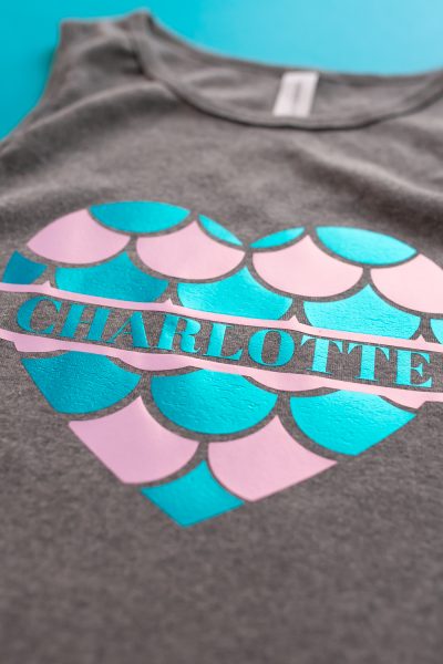Dark gray BELLA+CANVAS tank top with mermaid decal in pink and teal
