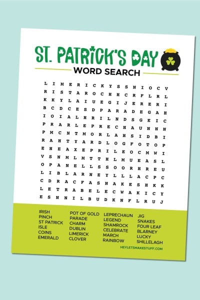 St. Patrick's Day Word Search on blue background with green pen.