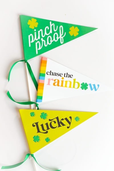 Three St. Patrick's Day pennants that say, Pinch Proof, Lucky and Chase the Rainbow