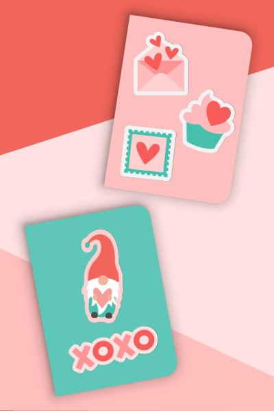Valentine stickers on pink and green notebooks