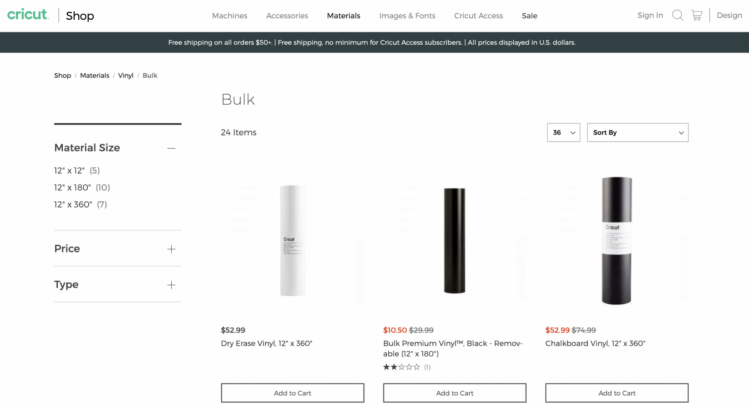 Bulk vinyl on the Cricut website