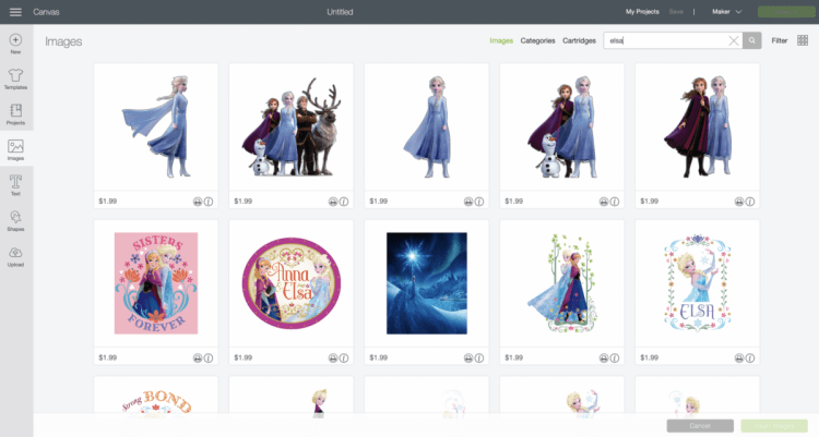 Licensed images of Elsa in Cricut Design Space