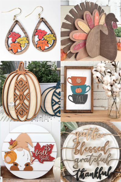 Collage of Glowforge Projects for Fall and Thanksgiving