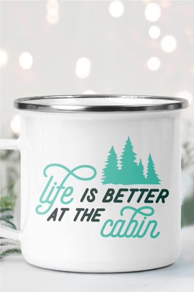 White tin coffee cup with the saying Like is Better at the Cabin